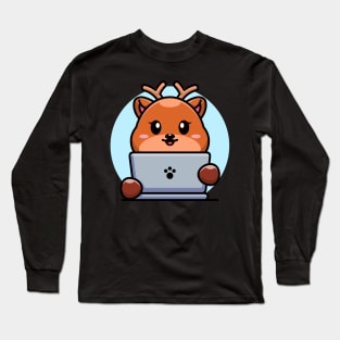 Cute deer with laptop cartoon design Long Sleeve T-Shirt